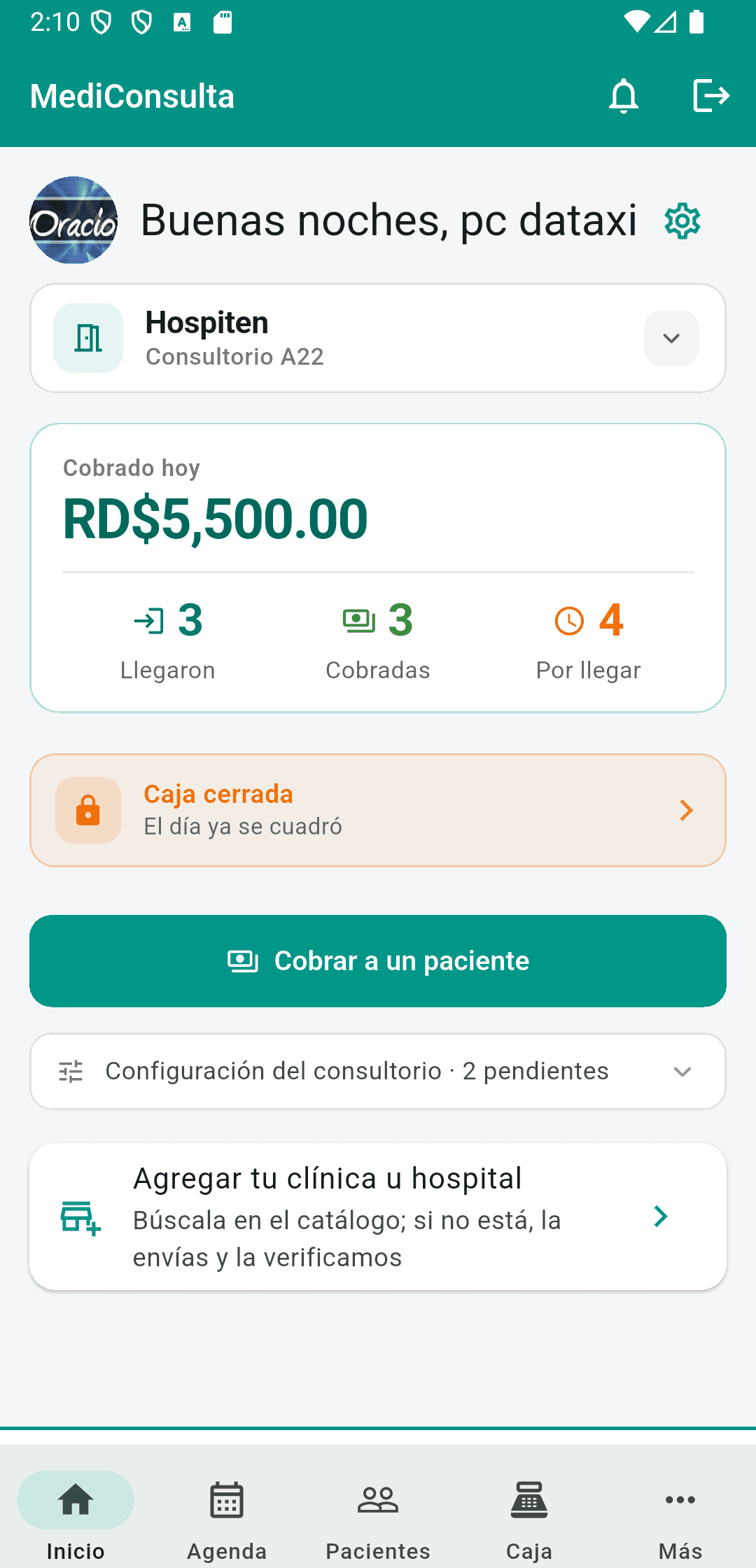 Inicio de ConsulMédica con lo cobrado hoy y el estado de la caja.